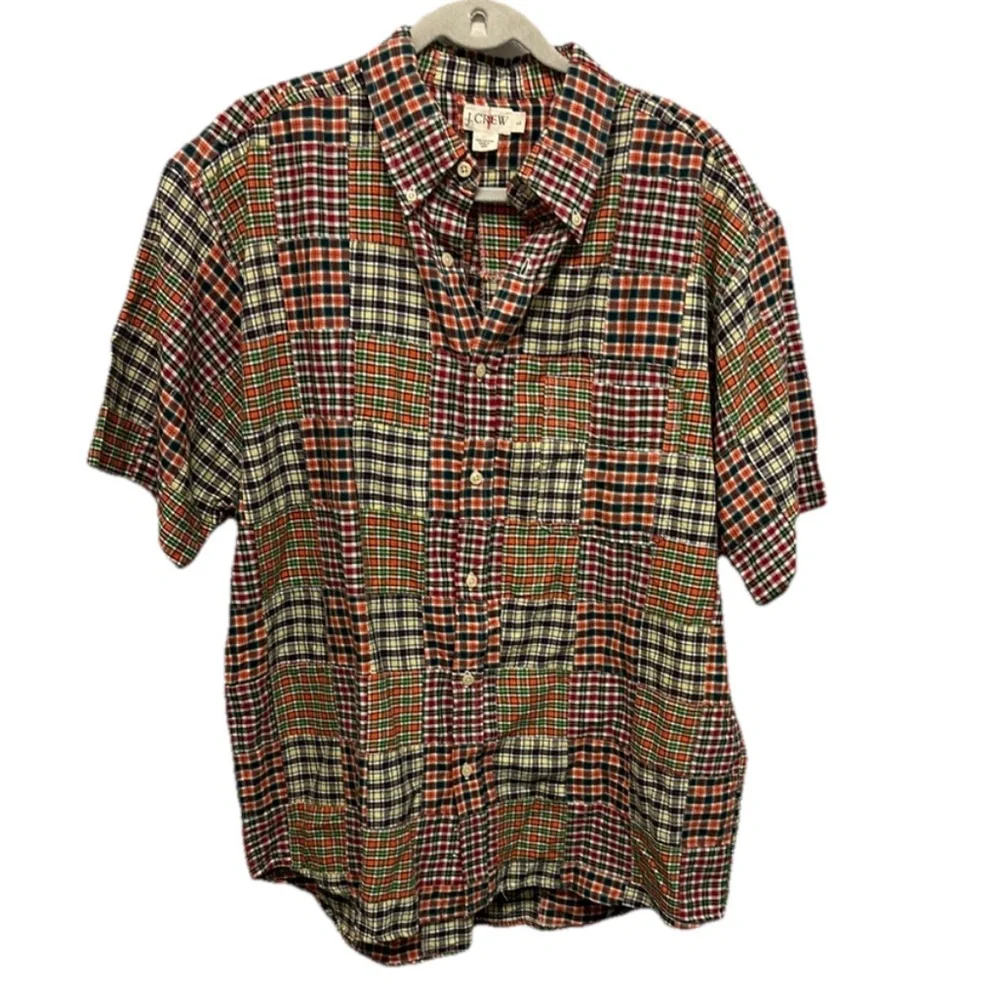 J Crew Shirt Mens Large Plaid Patchwork Short Sleeve‎ Button Up Preppy 90s Y2K